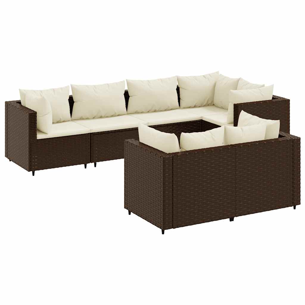 Garden furniture set with cushions, 7 pieces, brown, polyrattan