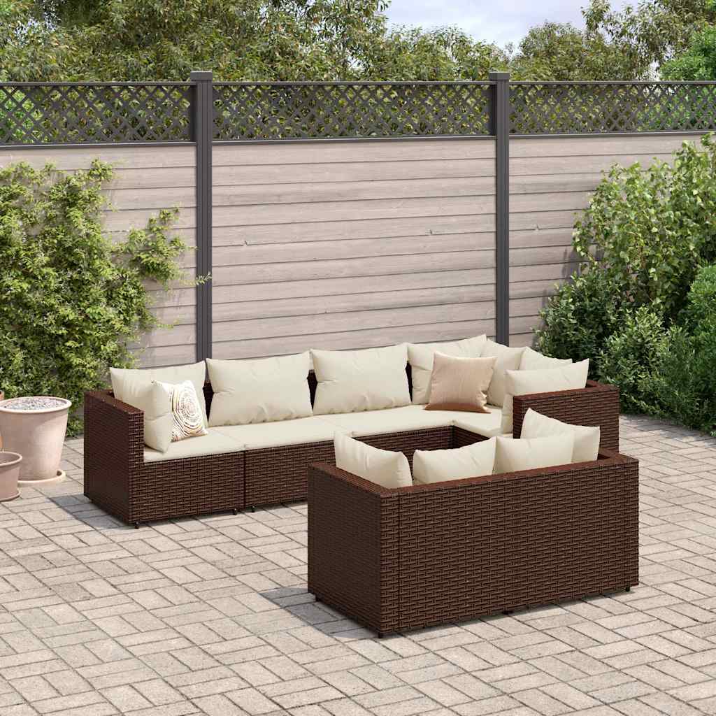 Garden furniture set with cushions, 7 pieces, brown, polyrattan