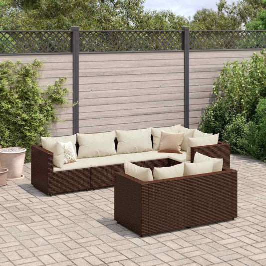 Garden furniture set with cushions, 7 pieces, brown, polyrattan