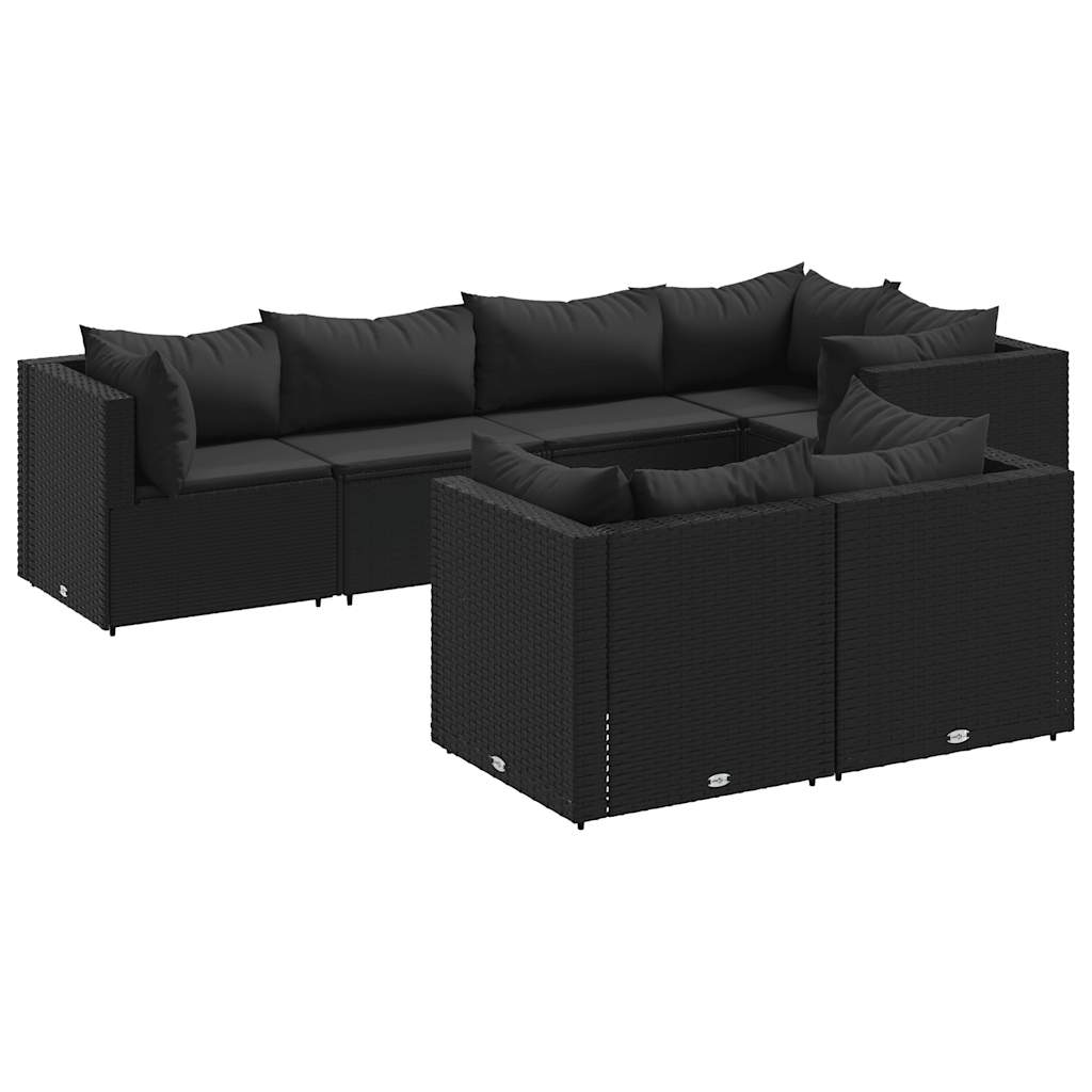 Set mobilier de grădină cu perne, 7 piese, negru, poliratan