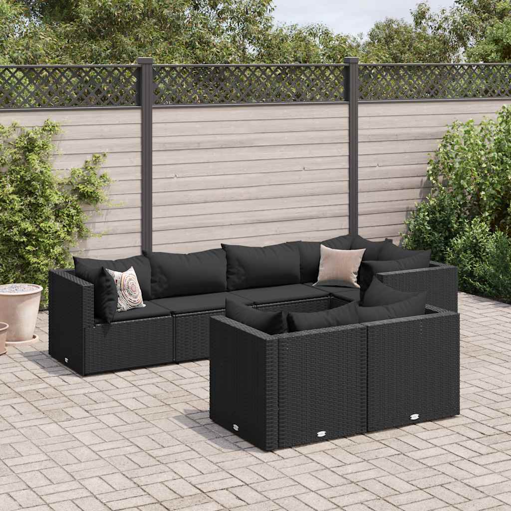 Garden furniture set with cushions, 7 pieces, black, polyrattan