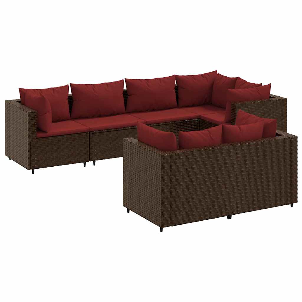 Garden furniture set with cushions, 7 pieces, brown, polyrattan