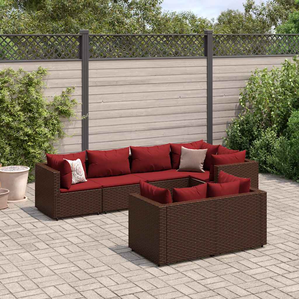 Garden furniture set with cushions, 7 pieces, brown, polyrattan