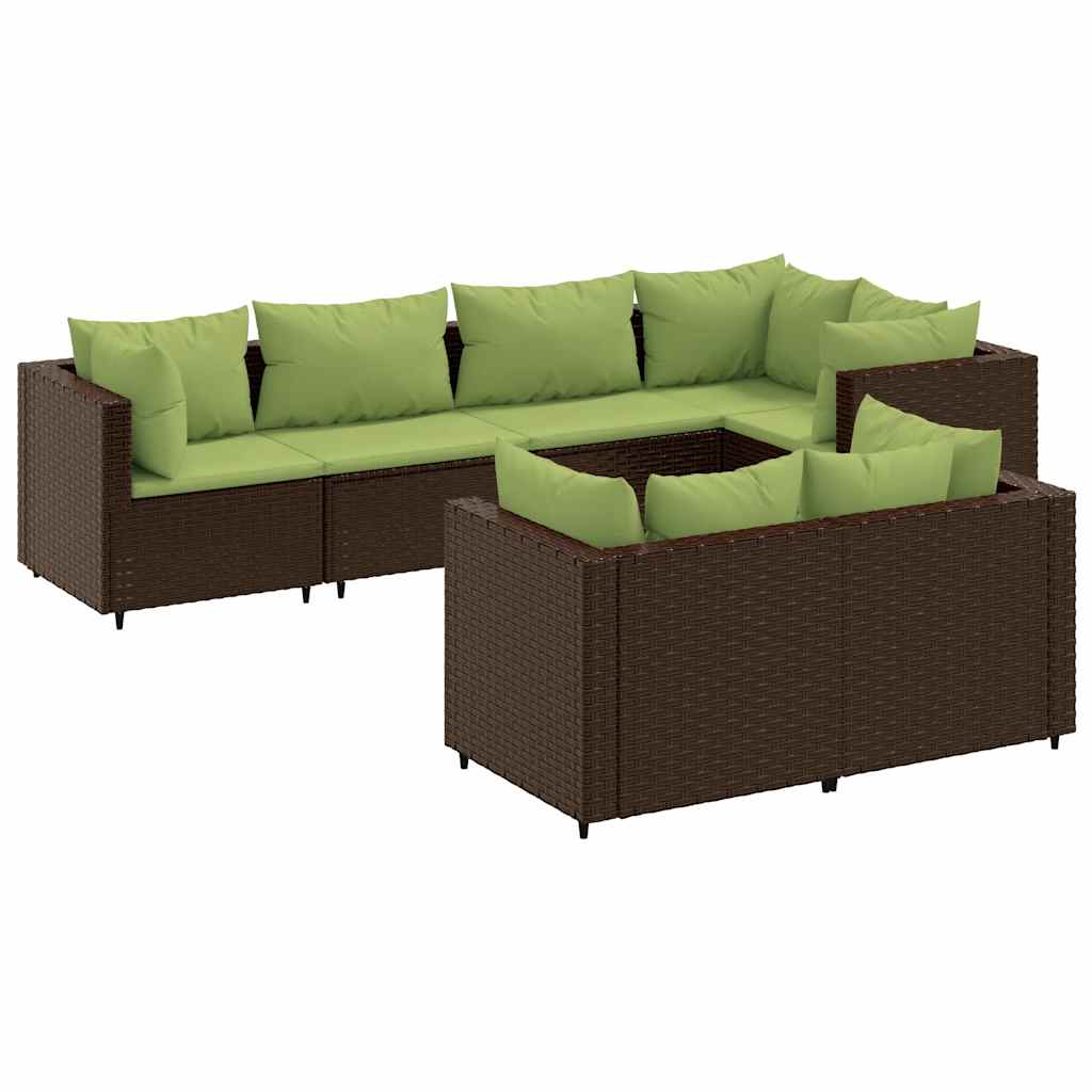 Garden furniture set with cushions, 7 pieces, brown, polyrattan