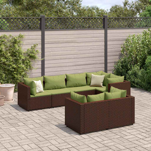 Garden furniture set with cushions, 7 pieces, brown, polyrattan