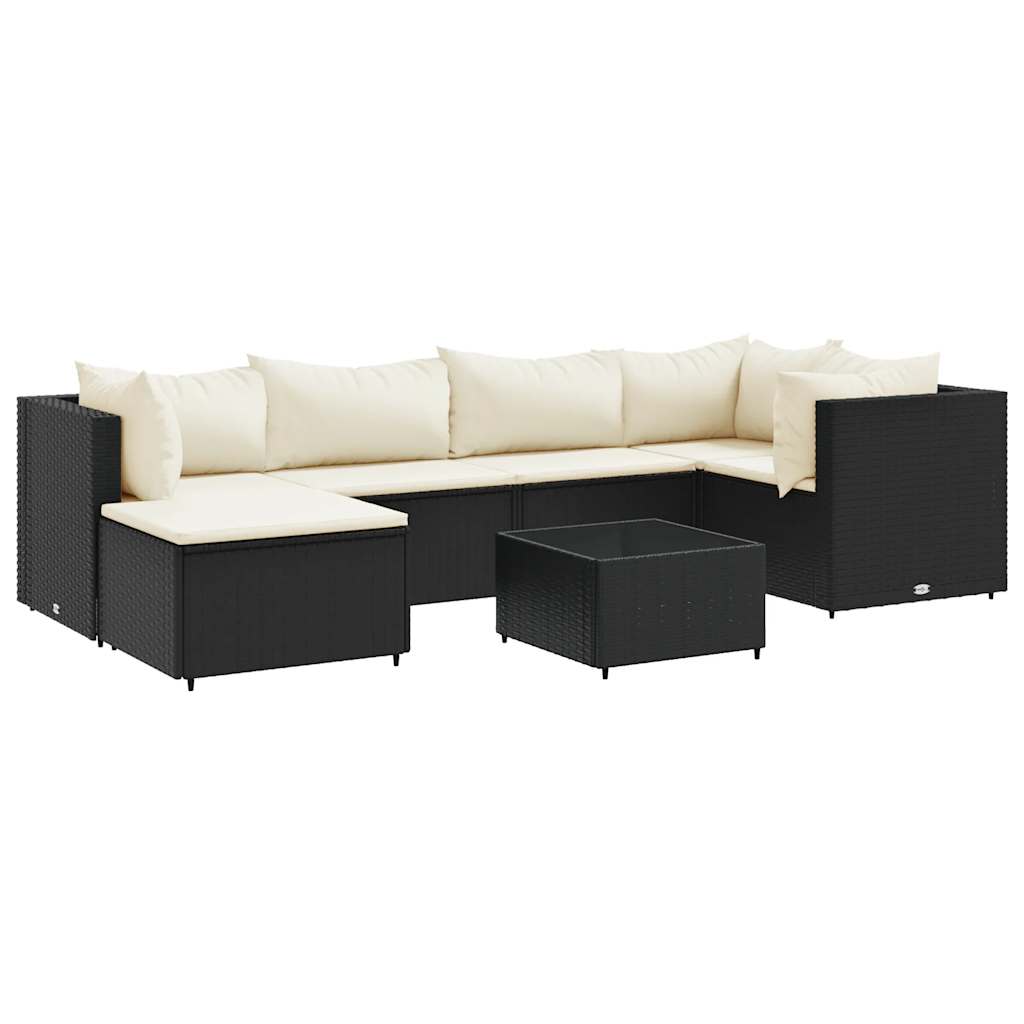 Set mobilier de grădină cu perne, 7 piese, negru, poliratan