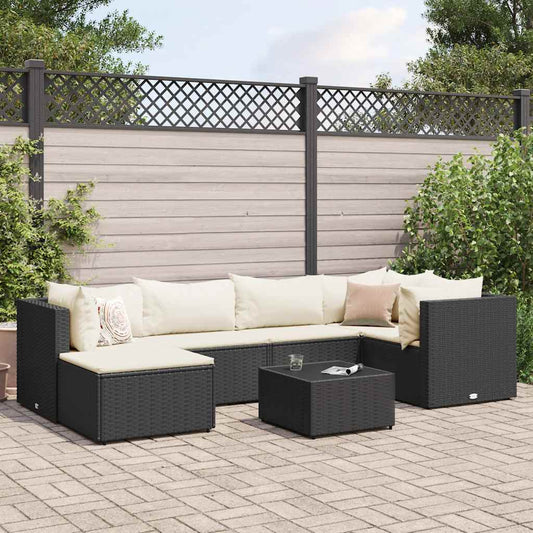 Garden furniture set with cushions, 7 pieces, black, polyrattan