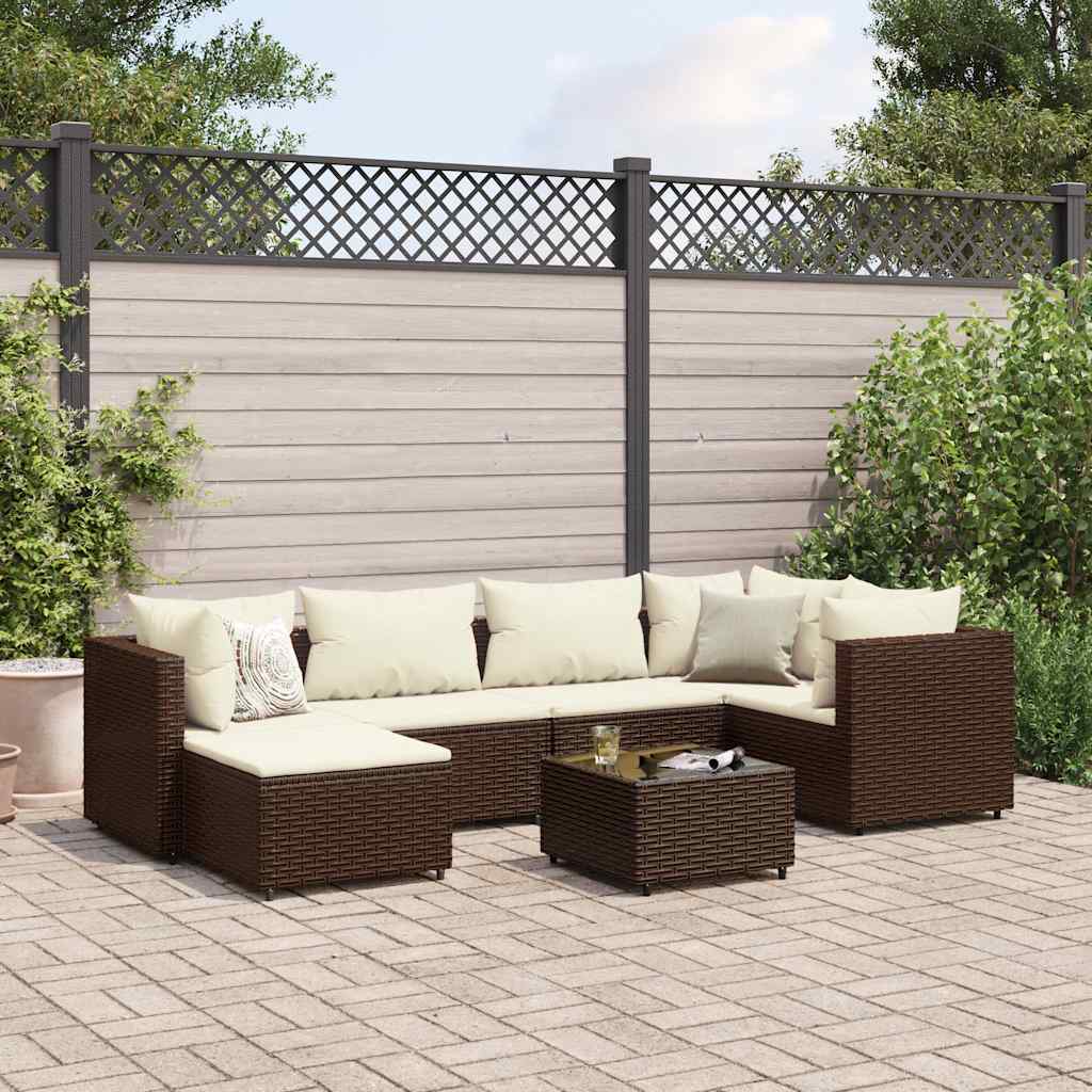 Garden furniture set with cushions, 7 pieces, brown, polyrattan