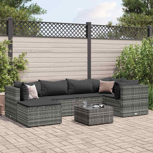 7-piece garden furniture set with cushions, grey, polyrattan