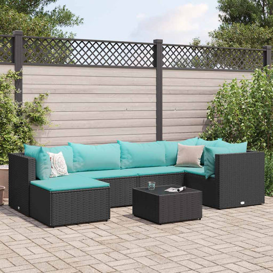 Garden furniture set with cushions, 7 pieces, black, polyrattan