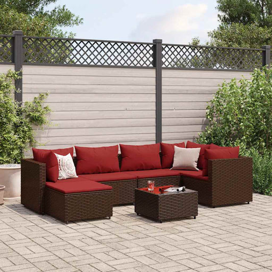 Garden furniture set with cushions, 7 pieces, brown, polyrattan