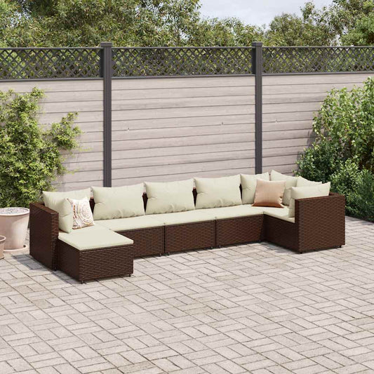 Garden furniture set with cushions, 7 pieces, brown, polyrattan