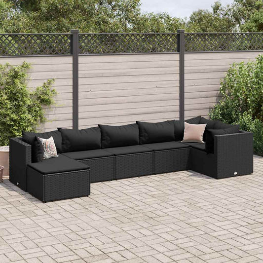 Garden furniture set with cushions, 7 pieces, black, polyrattan