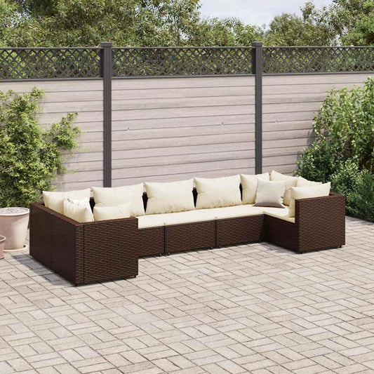 Garden furniture set with cushions, 7 pieces, brown, polyrattan