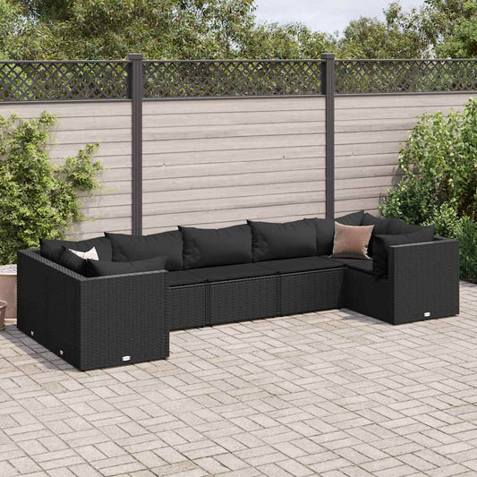 Garden furniture set with cushions, 7 pieces, black, polyrattan