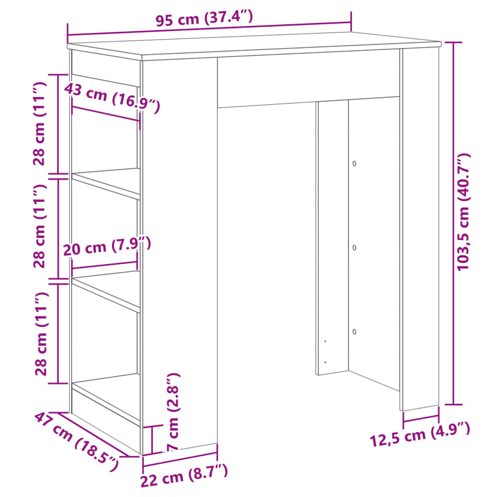 Bar table with shelves, black, 95x47x103.5 cm, processed wood