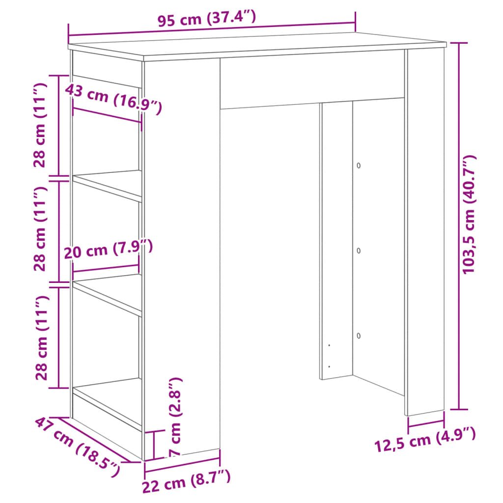 Masă bar cu rafturi, lemn vechi, 95x47x103,5 cm, lemn prelucrat