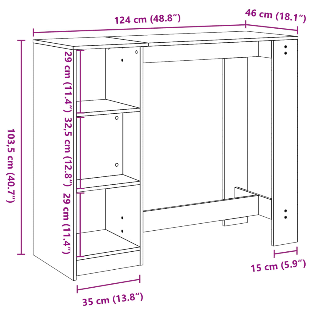 Bar table with shelf, black, 124x46x103.5 cm, processed wood