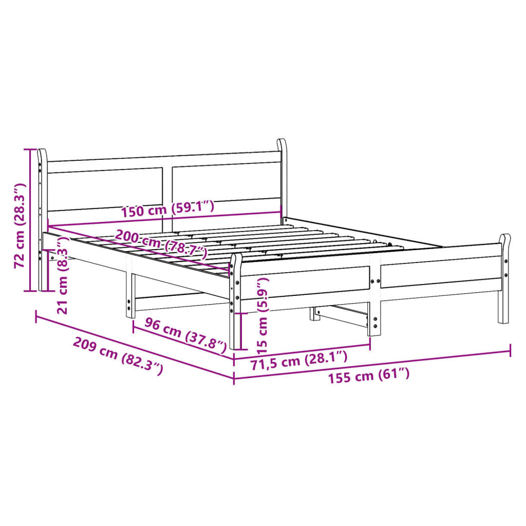 Cadru de pat fără saltea, maro ceruit 150x200 cm lemn masiv pin