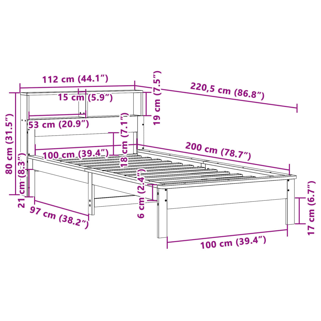 Pat cu bibliotecă fără saltea, 100x200 cm, lemn masiv pin