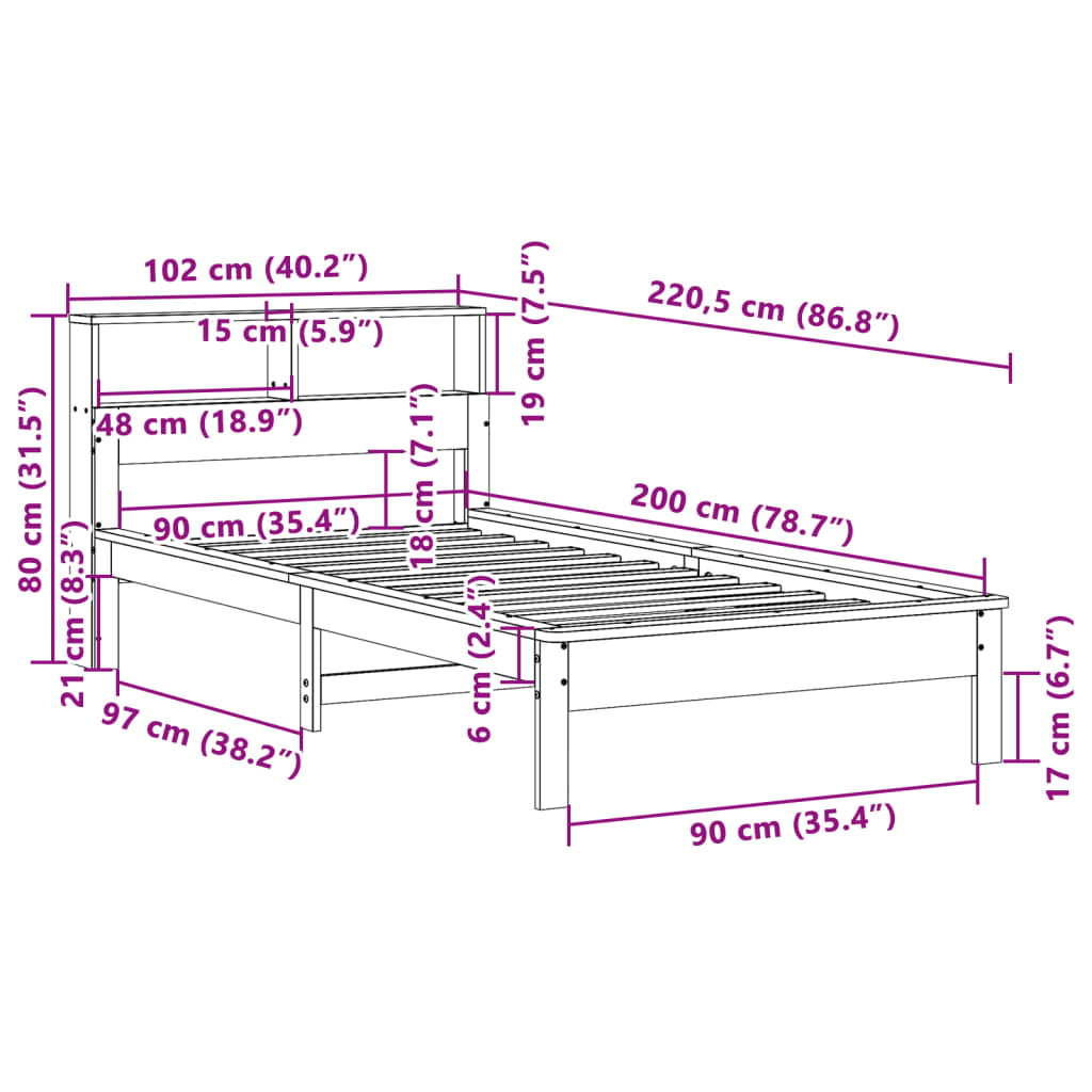 Pat cu bibliotecă fără saltea, 90x200 cm, lemn masiv pin