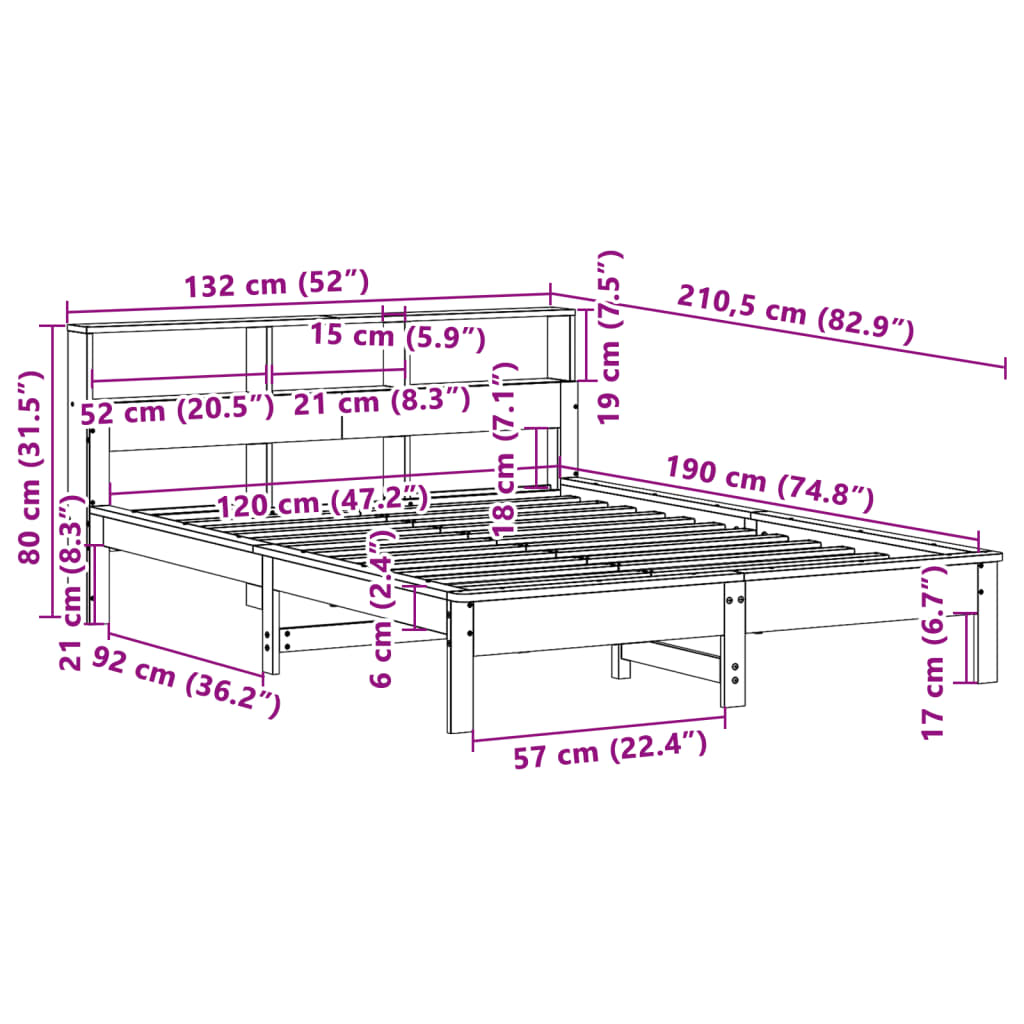 Pat cu bibliotecă fără saltea, alb, 120x190 cm, lemn masiv pin