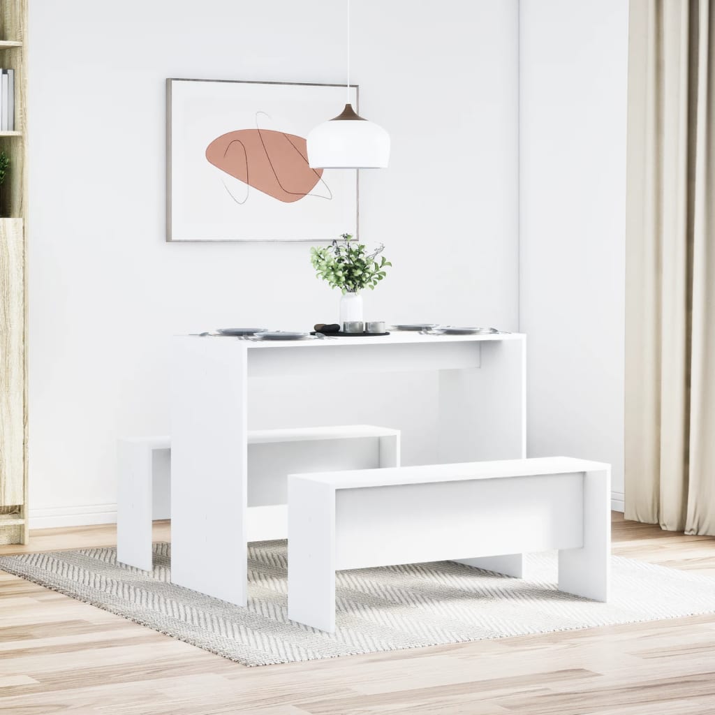 Kitchen table and bench set, 3 pieces, white, engineered wood