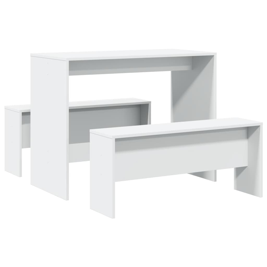 Kitchen table and bench set, 3 pieces, white, engineered wood