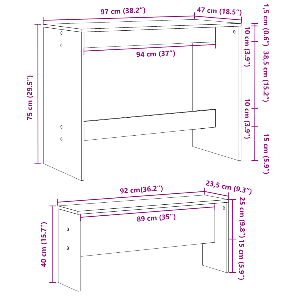 Kitchen table and bench set, 3 pieces, white, engineered wood