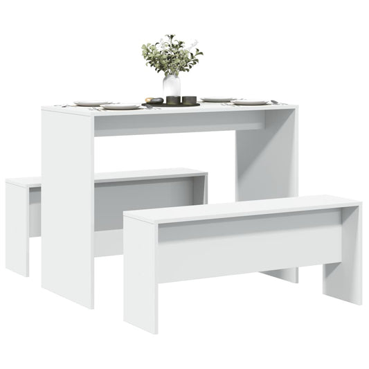 Kitchen table and bench set, 3 pieces, white, engineered wood