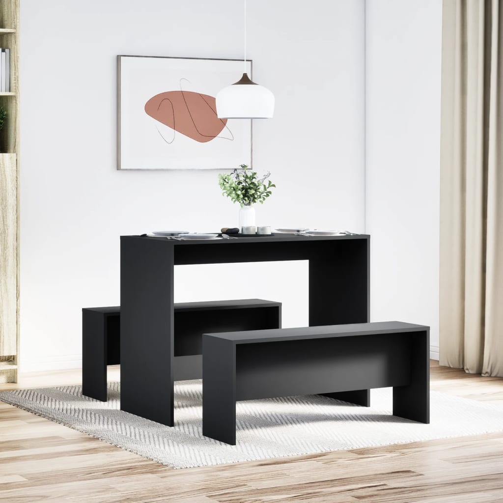 Kitchen table and bench set, 3 pieces, black, engineered wood