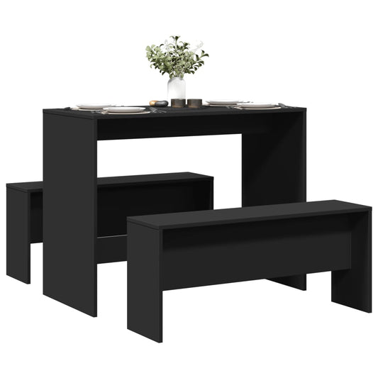 Kitchen table and bench set, 3 pieces, black, engineered wood