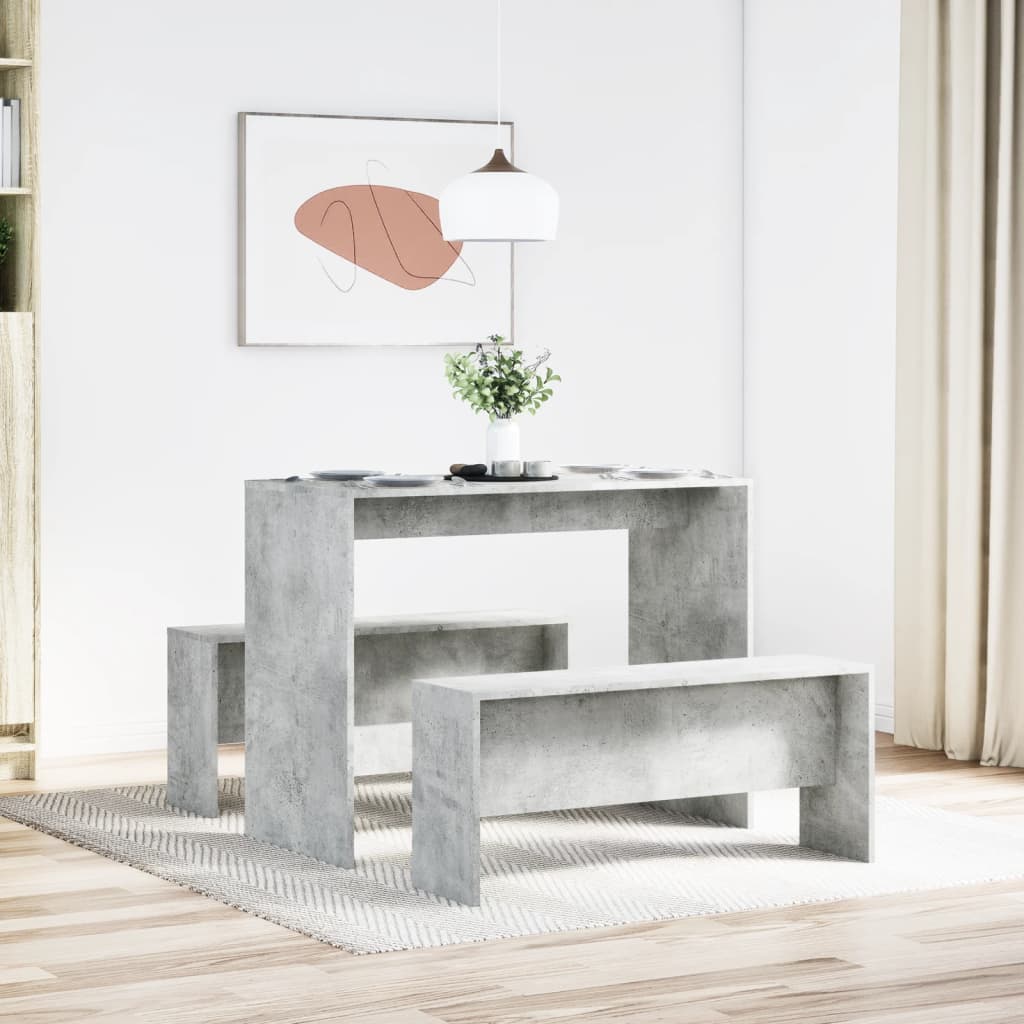 Kitchen table and bench set, 3 pieces, concrete grey, engineered wood