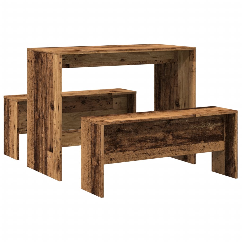 3-piece kitchen table and bench set, old wood, processed wood