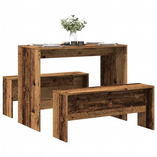 3-piece kitchen table and bench set, old wood, processed wood