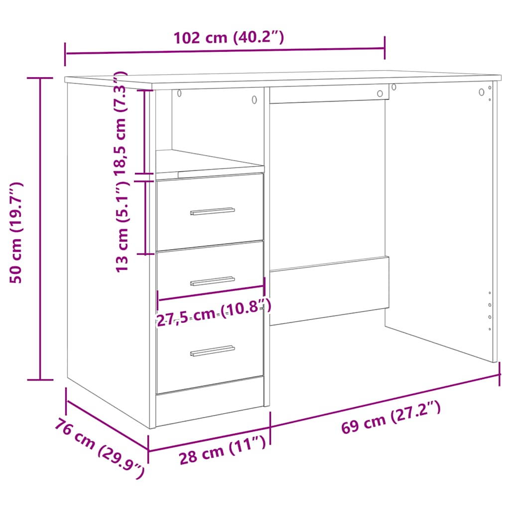 Birou, stejar artizanal, 102x76x50 cm, lemn prelucrat