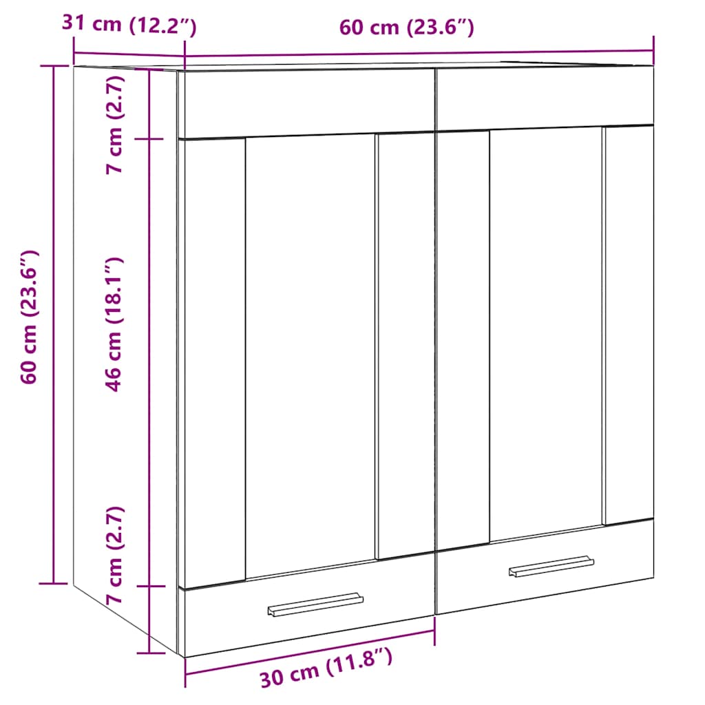 Kitchen cabinet with glass door in old wood 60x31x60 cm