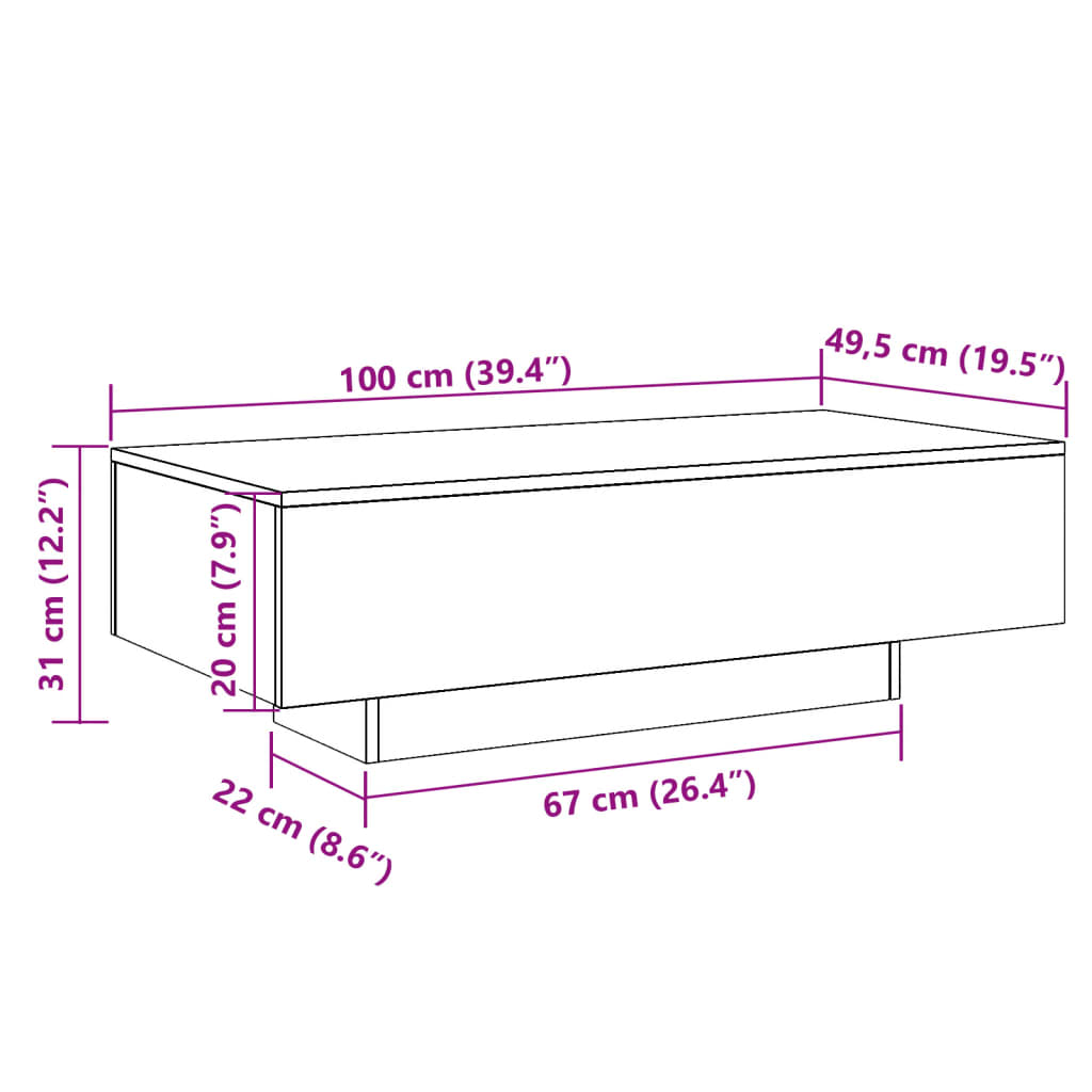 Coffee table, handcrafted oak, 100x49.5x31 cm, processed wood