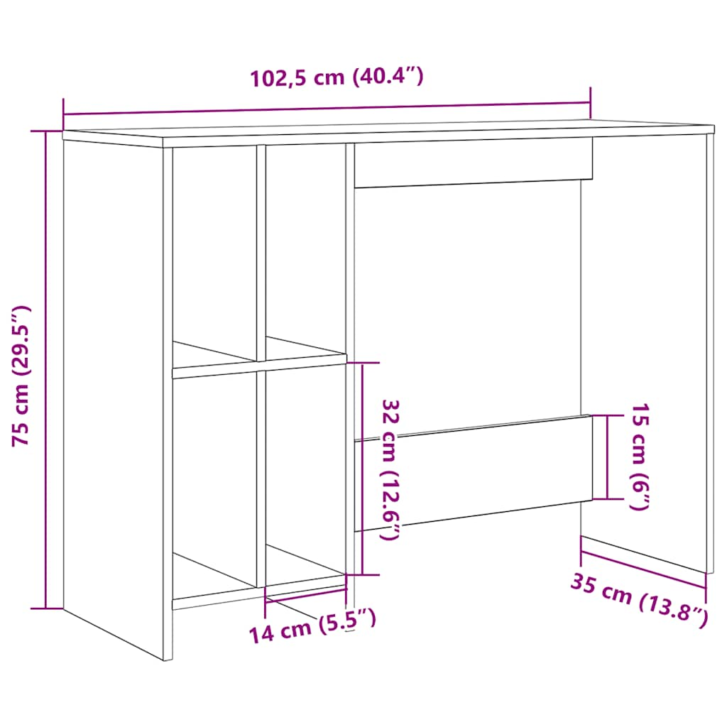 Birou, stejar artizanal, 102,5x35x75 cm, lemn prelucrat