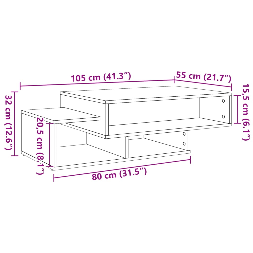 Coffee table, handcrafted oak, 105x55x32 cm processed wood