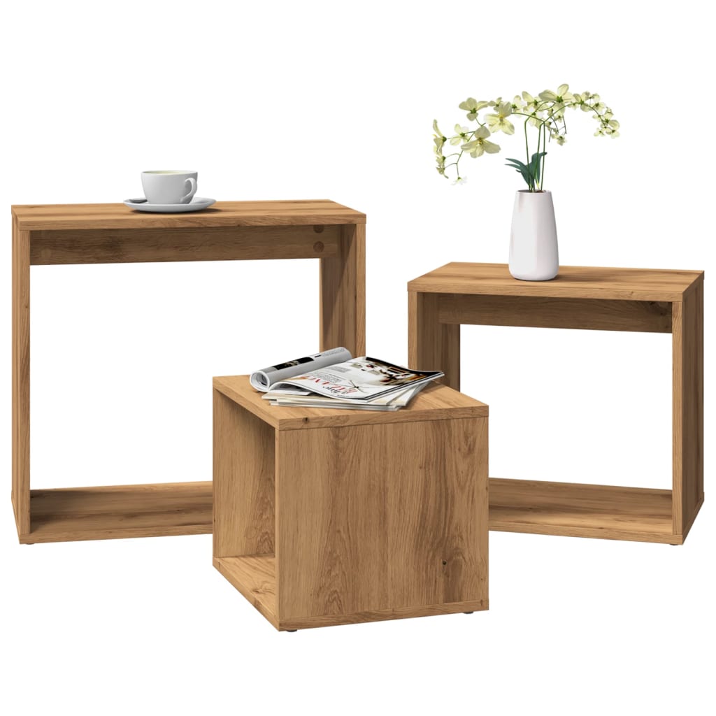 Stackable coffee tables, 3 pcs., handcrafted oak, processed wood