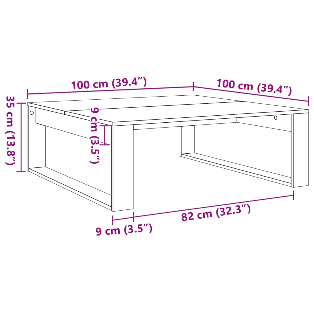 Coffee table, handcrafted oak, 100x100x35 cm, processed wood