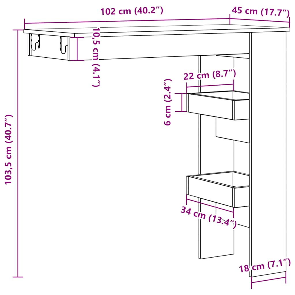 Masă bar de perete, lemn vechi, 102x45x103,5 cm, lemn compozit