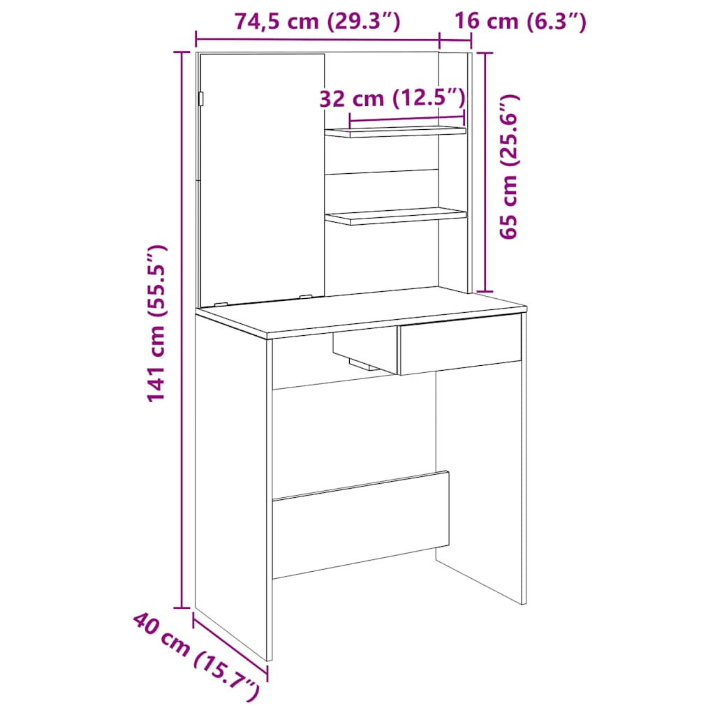 Dressing table with mirror, old wood, 74.5x40x141 cm