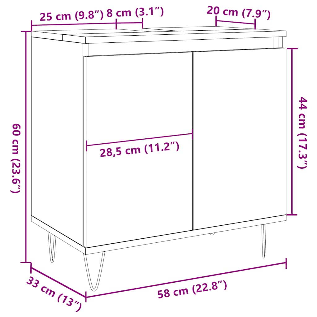 Dulap de baie, stejar artizanal, 58x33x60 cm, lemn prelucrat