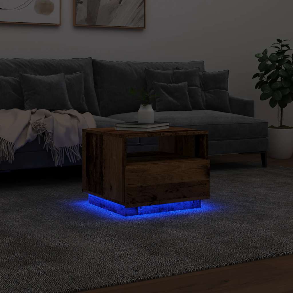 Coffee table with LED lights, old wood, 50x49x40 cm