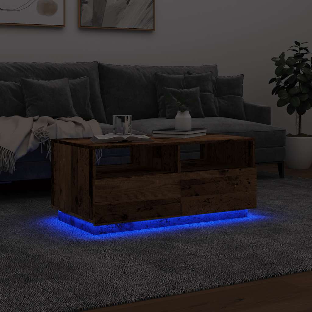 Coffee table with LED lights, old wood, 90x49x40 cm