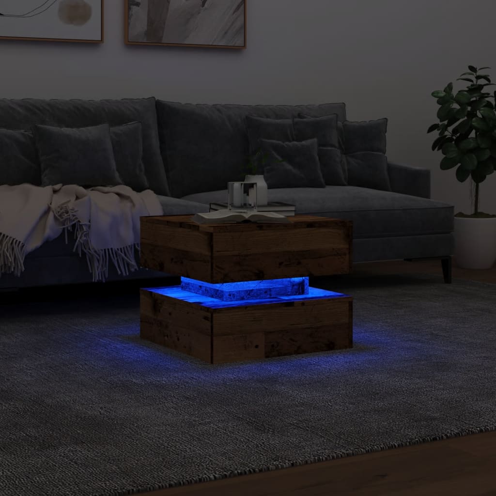 Coffee table with LED lights, old wood, 50x50x40 cm