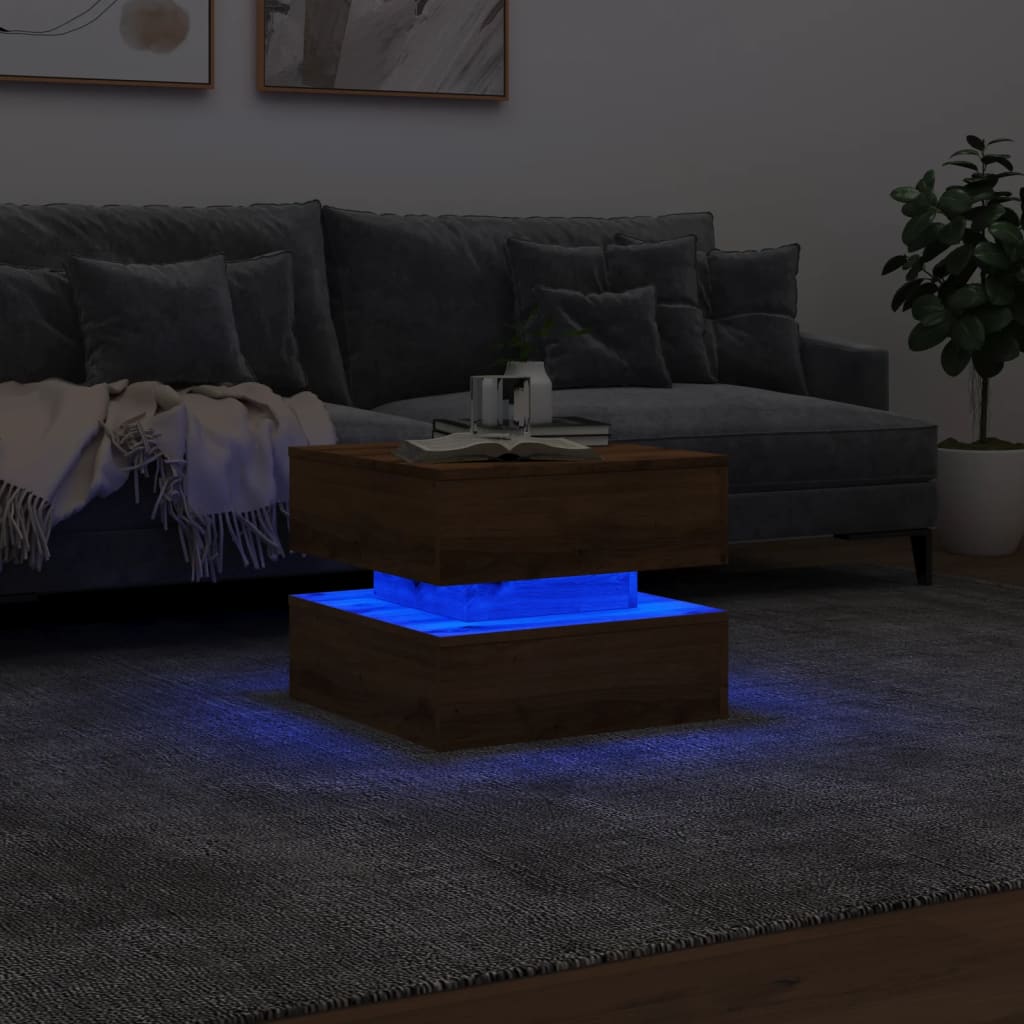 Coffee table with LED lights, handcrafted oak, 50x50x40 cm