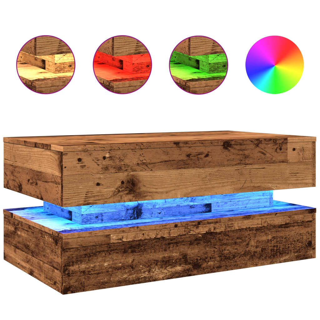 Coffee table with LED lights, old wood, 90x50x40 cm